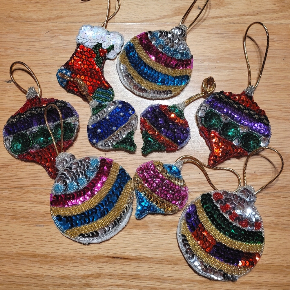 SOLD Vintage Sequin & Bead l Double Sided Ornament Set (9 piece)